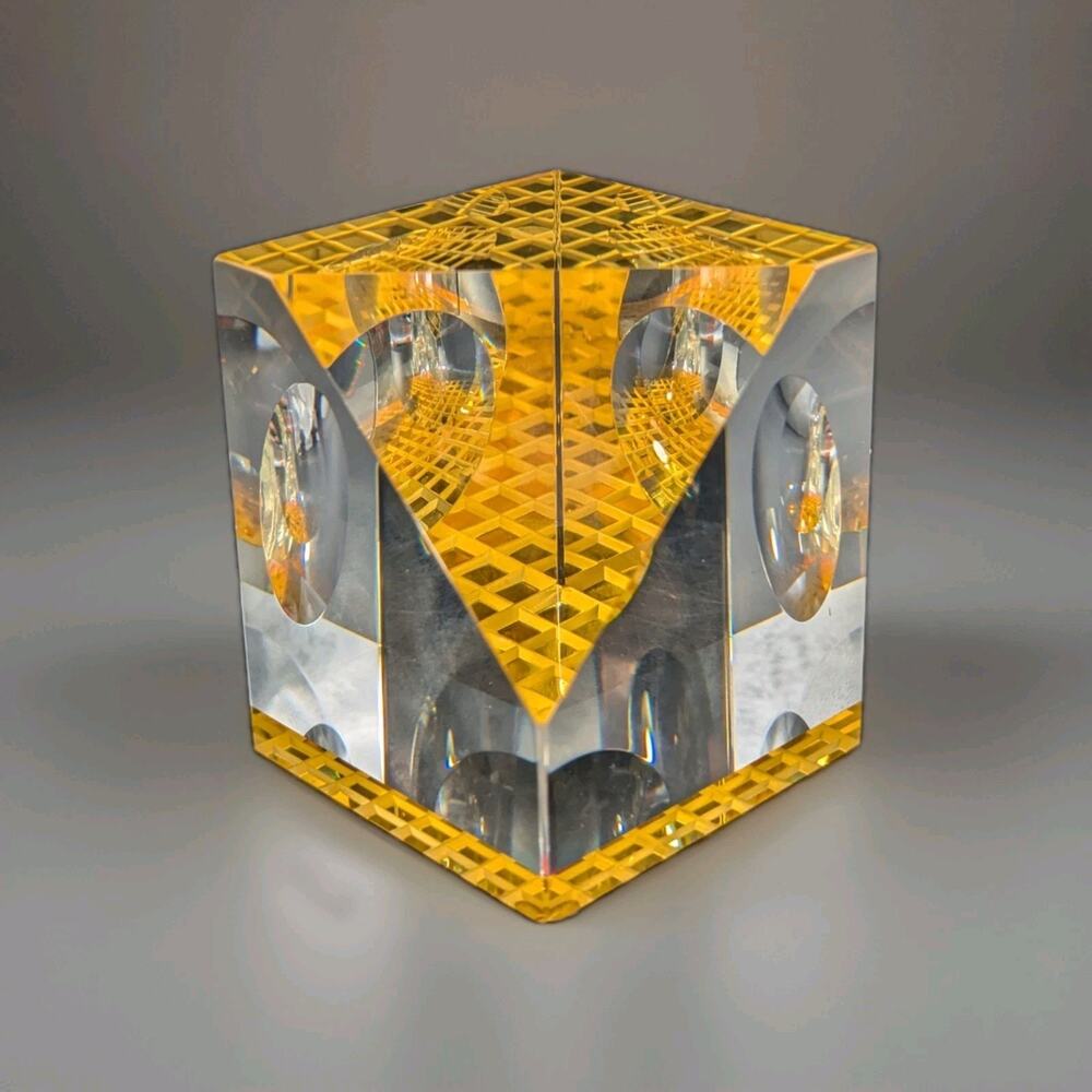 Rare James Shaw Yellow Chequer Abstract Faceted Glass Sculpture/Paperweight